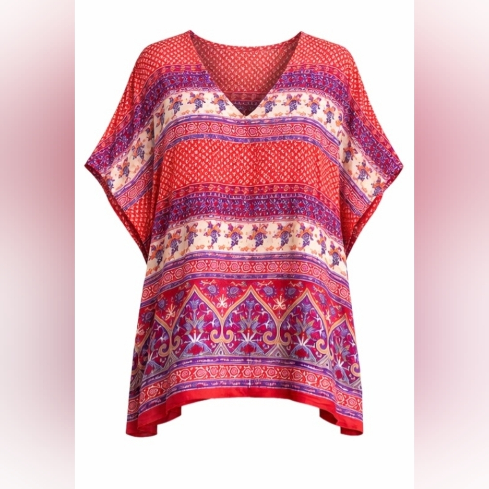 World Market Boho Rayon Kaftan Blouse L/XL Red Purple Geometric Floral Festival - Picture 2 of 4